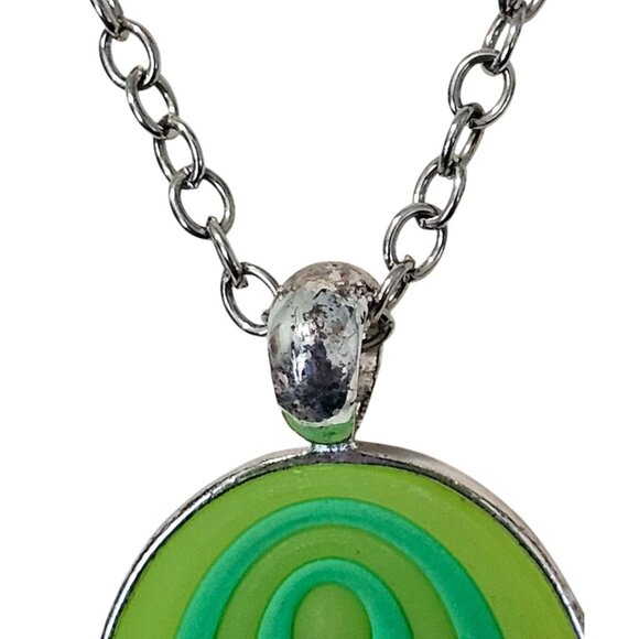 Green & Silver Retro Style Necklace With Circular Pendant On Adjustable Chain - Picture 3 of 5